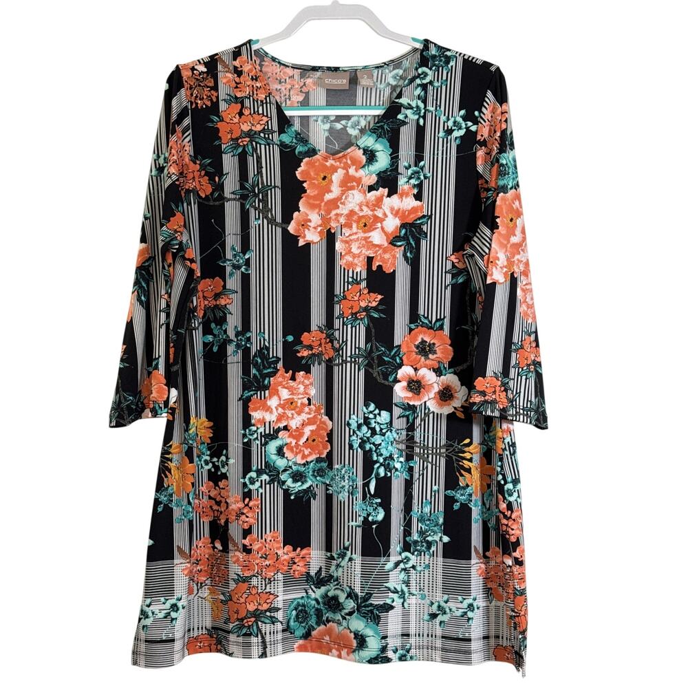 Chico’s 2, L 3/4  Sleeve V-neck Tunic Top Black/Gray Stripes Orange, Blue Floral